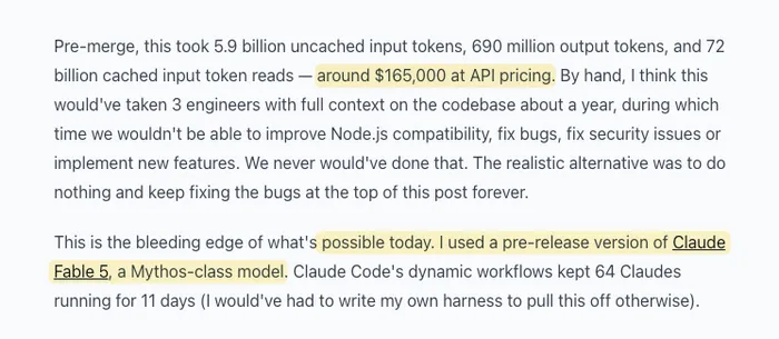 Screenshot from Jarred's bun-in-rust blog noting both the token cost and early model access